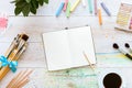 Creative workplace concept, flat style artistic design table, blank notebook mock up for writing drawing sketches, pencil, Royalty Free Stock Photo