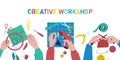 Creative workshop. Cartoon children drawing and painting workshop, kids making handmade textile and paper crafts. Vector