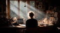 Creative workspace bathed in sunlight, featuring an artist surrounded by tools and inspiration Royalty Free Stock Photo