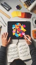 A creative workspace blending modern digital art on a tablet with traditional calligraphy and Royalty Free Stock Photo
