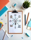 Creative workspace concept with light bulb sketch. Business intelligence strategy planning. Analysis idea generation on Royalty Free Stock Photo