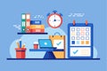 Creative workspace featuring a clock and calendar for effective deadline management and organization on a bright blue background Royalty Free Stock Photo