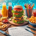 Crafting Burger by Poolside: Creative Workspace With Delicious Meal, Stationery and Refreshments for a Relaxing Environment Royalty Free Stock Photo