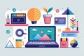 Creative workspace featuring a laptop among colorful stationery, plants, and decorative elements in a flat vector design Royalty Free Stock Photo