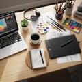 Digital art a graphics tablet and a notebook with architectural Royalty Free Stock Photo