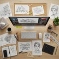 The corkboard displays additional sketches pinned with colorful Royalty Free Stock Photo