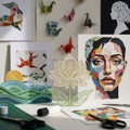A prominent mosaic collage of a face is displayed alongside quilling Royalty Free Stock Photo