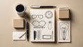 Creative workspace flat lay with notebook sketches and writing instruments Royalty Free Stock Photo
