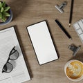 Creative Workspace Flat Lay with Smartphone and Coffee 3D Render Royalty Free Stock Photo