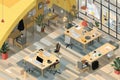 Creative Workspace Illustration Showing Multiple Desks and Workers Engaged in Various Tasks Within a Modern Office Royalty Free Stock Photo