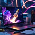 Creative Workspace with Laptop Displaying Rocket Launch in Neon Light Ambience Royalty Free Stock Photo