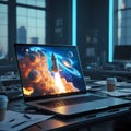 Creative Workspace with Laptop Displaying Rocket Launch in Neon Light Ambience Royalty Free Stock Photo