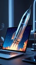 Creative Workspace with Laptop Displaying Rocket Launch in Neon Light Ambience Royalty Free Stock Photo