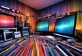 A creative workspace with multiple computer monitors, drawing tablets, a keyboard, speakers, and an array of colorful Royalty Free Stock Photo