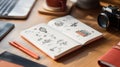 Creative workspace with open journal featuring travel sketches and modern gadgets. Fly aesthetic Royalty Free Stock Photo