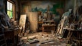 Creative Workspace: Repurposed Room Filled With Artist\'s Canvases Royalty Free Stock Photo