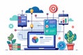 Creative workspace showcasing a laptop displaying data analytics and growth charts among plants and digital elements, Endpoint Royalty Free Stock Photo