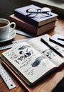 Creative Workspace With Sketchbook, Glasses, Coffee And Tools On A Wooden Desk Royalty Free Stock Photo