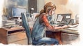 Creative Workspace: Watercolor Illustration of Admin Working on Computer.