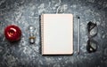The creative workspace of the writer is inspiring to create. I have an idea. Notepad, pen, incandescent bulb, apple, glasses Royalty Free Stock Photo