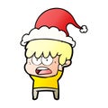 A creative worried gradient cartoon of a boy wearing santa hat