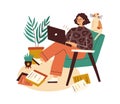 Creative writer with laptop and scattered papers around. Female author working with copies and computer. Woman creating