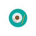 Creative writer workplace icon. cup of coffee and pencil in turquoise circle.