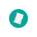 Creative writer workplace icon. note book and pencil in turquoise circle.