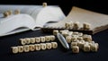 Creative writing next to open textbook, notepad and fountain pen. The concept of teaching creative writing in college and Royalty Free Stock Photo