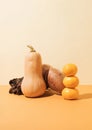 Creatively arranged butternut squash, sweet potato and tangerines close-up