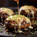 creatively arranged cheese-stuffed portobello mushrooms with vibrant cheese and herb combinations. Generative AI