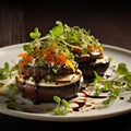 creatively arranged cheese-stuffed portobello mushrooms with vibrant cheese and herb combinations. Generative AI