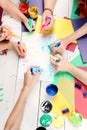 Creativity and art concept. Hands hold colorful markers and draw Royalty Free Stock Photo