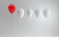 Creativity or being different , stand out from the crowd concept. Floating red and white glossy balloons on white background with