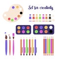 Creativity collection. Set for art. Brushes, pens, pencils, paints, palette, strokes. Creativity. Vector illustration 8 eps Royalty Free Stock Photo