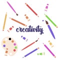 Creativity collection. Set for art and painting. Brushes, pencils, paints in tubes. School supplies. Vector illustration 8 eps Royalty Free Stock Photo