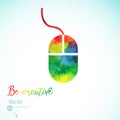 Creativity concept with colorful mouse. Artist at work. Symbol of visual art. Vector illustration. Watercolor silhouette of