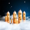 Creativity concept. Pencils like city buildings surrounded by clouds at night sky with stars