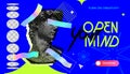 Creativity concept. Web banner with Michelangelo David bust. Aesthetic contemporary art collage. Vaporwave style poster