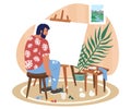 Creativity crisis, burnout. Sad man artist sitting at easel, paint tubes are scattered on the floor, vector illustration