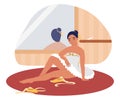 Creativity crisis, burnout. Tired ballet dancer, sad ballerina sitting on the floor, flat vector illustration.