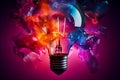 Creativity explosion idea, lightbulb lamp in colorful paints splash. Generative AI Royalty Free Stock Photo