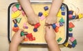 Children playing with kinetic sand, croup and designer in preschool. The development of fine motor concept. Creativity Game Royalty Free Stock Photo