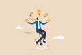Creativity and ideas, innovation or skill to success in business, skillful businessman riding unicycle juggling lightbulb lamp