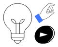 Light Bulb, Hand Gesture, and Play Button Symbols Ideas, Action, and Media Concepts Royalty Free Stock Photo