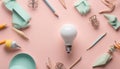 Creativity inspiration,ideas concepts with lightbulb and pencil on pastel color background.Flat lay design Royalty Free Stock Photo