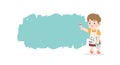 Creativity a little boy be happy with painting standing front of text box blank banner frame on white background, illustration