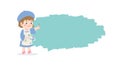 Creativity a little girl be happy with painting standing front of text box blank banner frame on white background, illustration