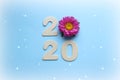 2020. Creativity, of a New concept for the year 2020. Wooden figures and flowers on a colored background.