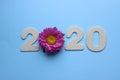 2020. Creativity, of a New concept for the year 2020. Wooden figures and flowers on a colored background.